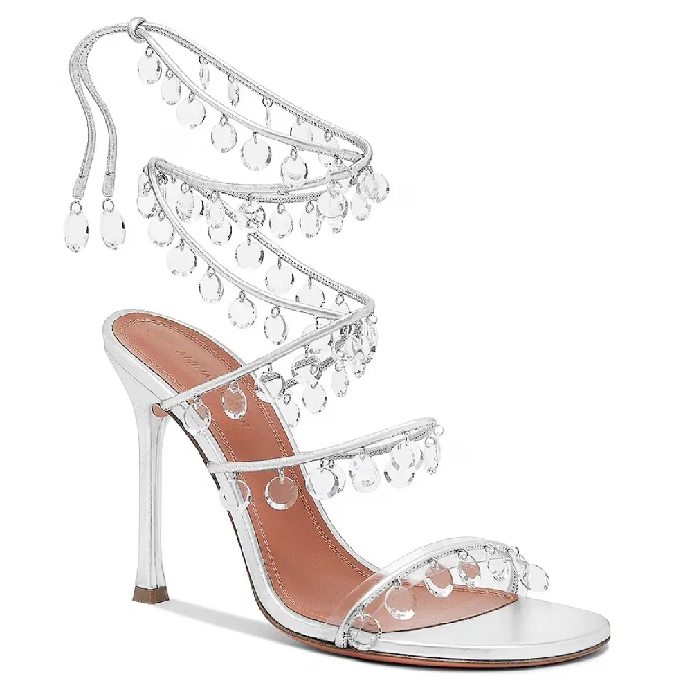 Amina Muaddi Tina Leather Ankle-Wrap Sandals With All Over Crystals-Appliques